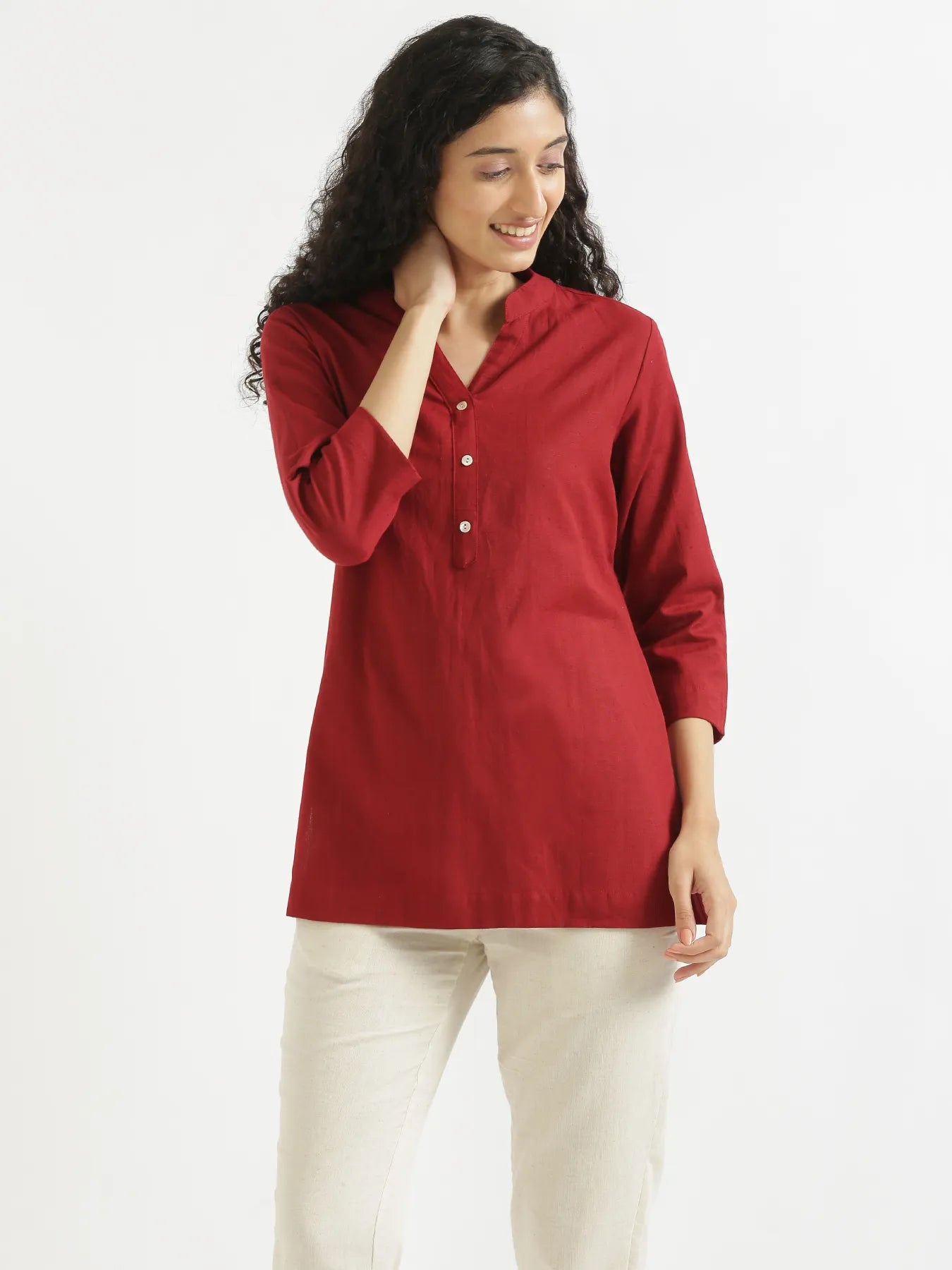 Women Maroon Airy Linen Short Kurta