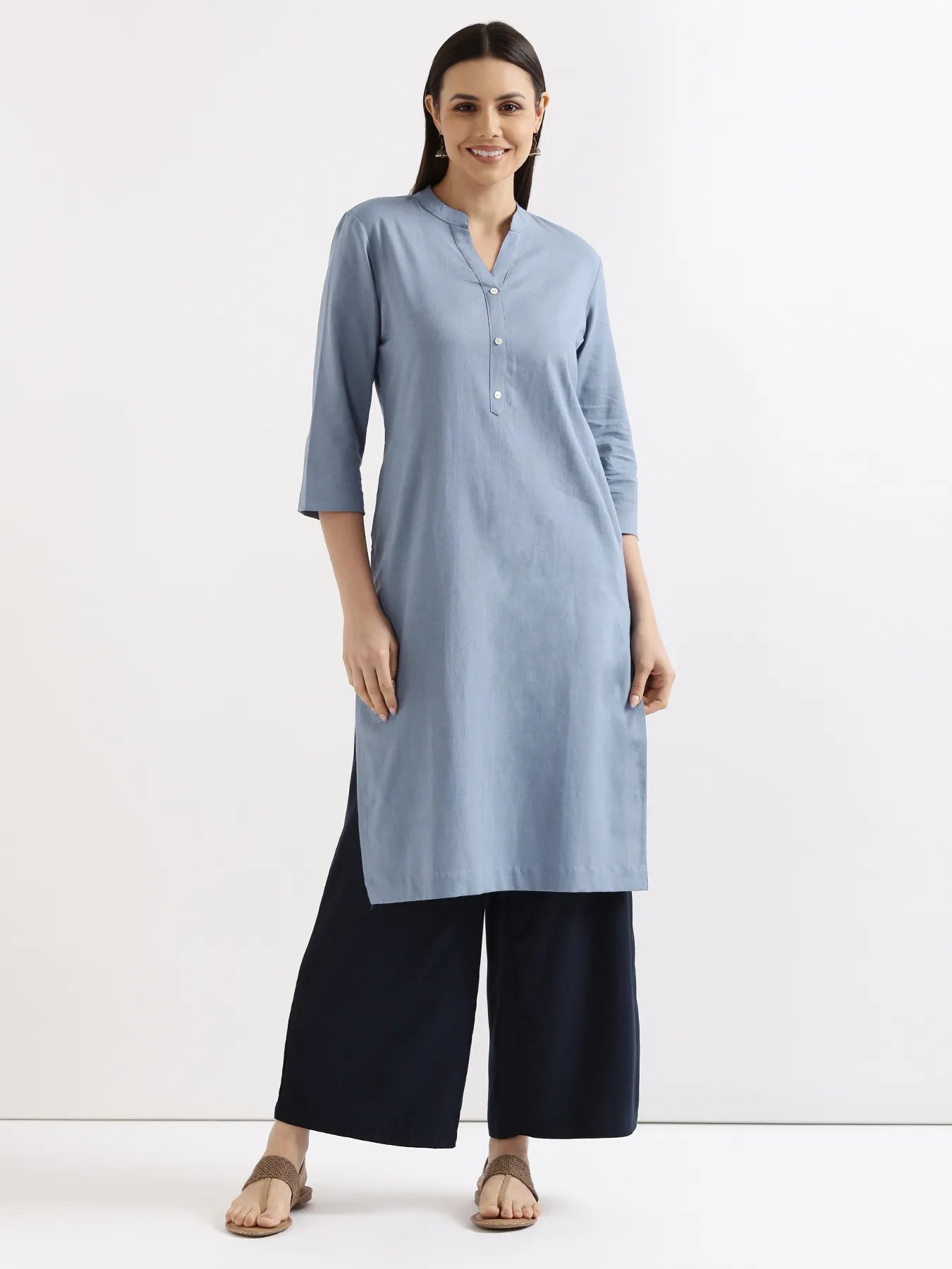 Women English Blue Airy Linen Long Kurta