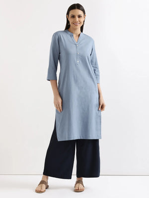 Women English Blue Airy Linen Long Kurta