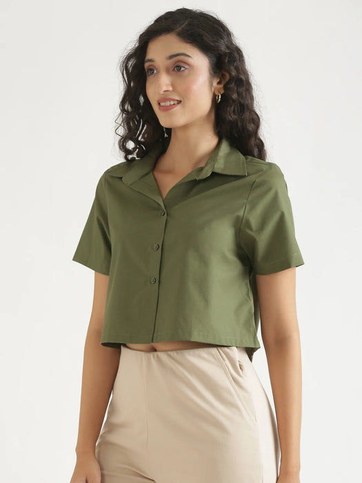 Women Forest Green Better Cotton Crop Shirt