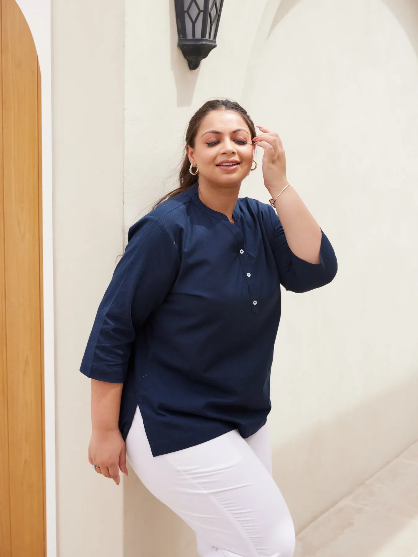 Navy Blue Short Kurta with White Cotton Pant