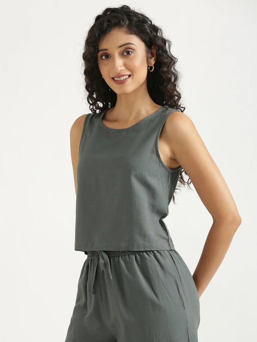 Women German Grey Flowy Linen Pant Set