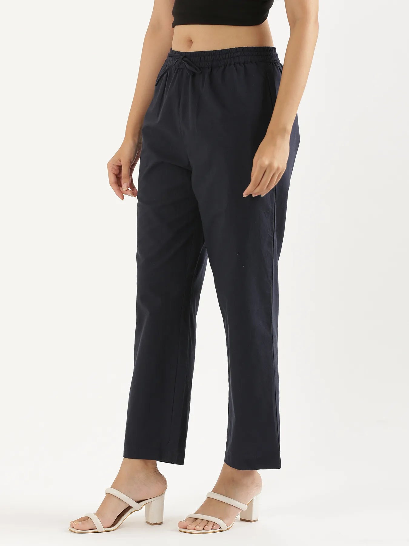 Women Navy Blue Cotton Straight Pant