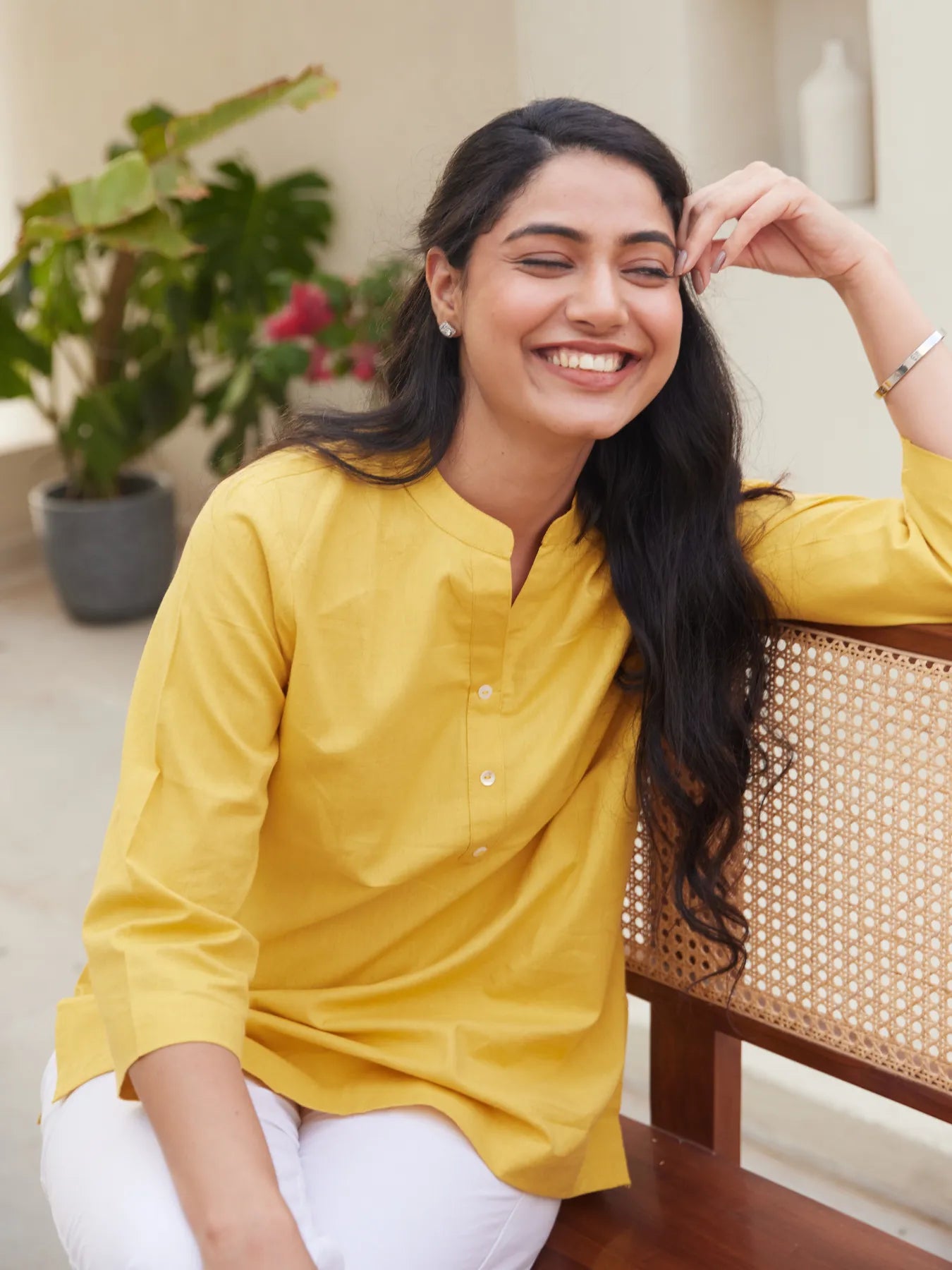 Yellow Short Kurta with White Cotton Pant