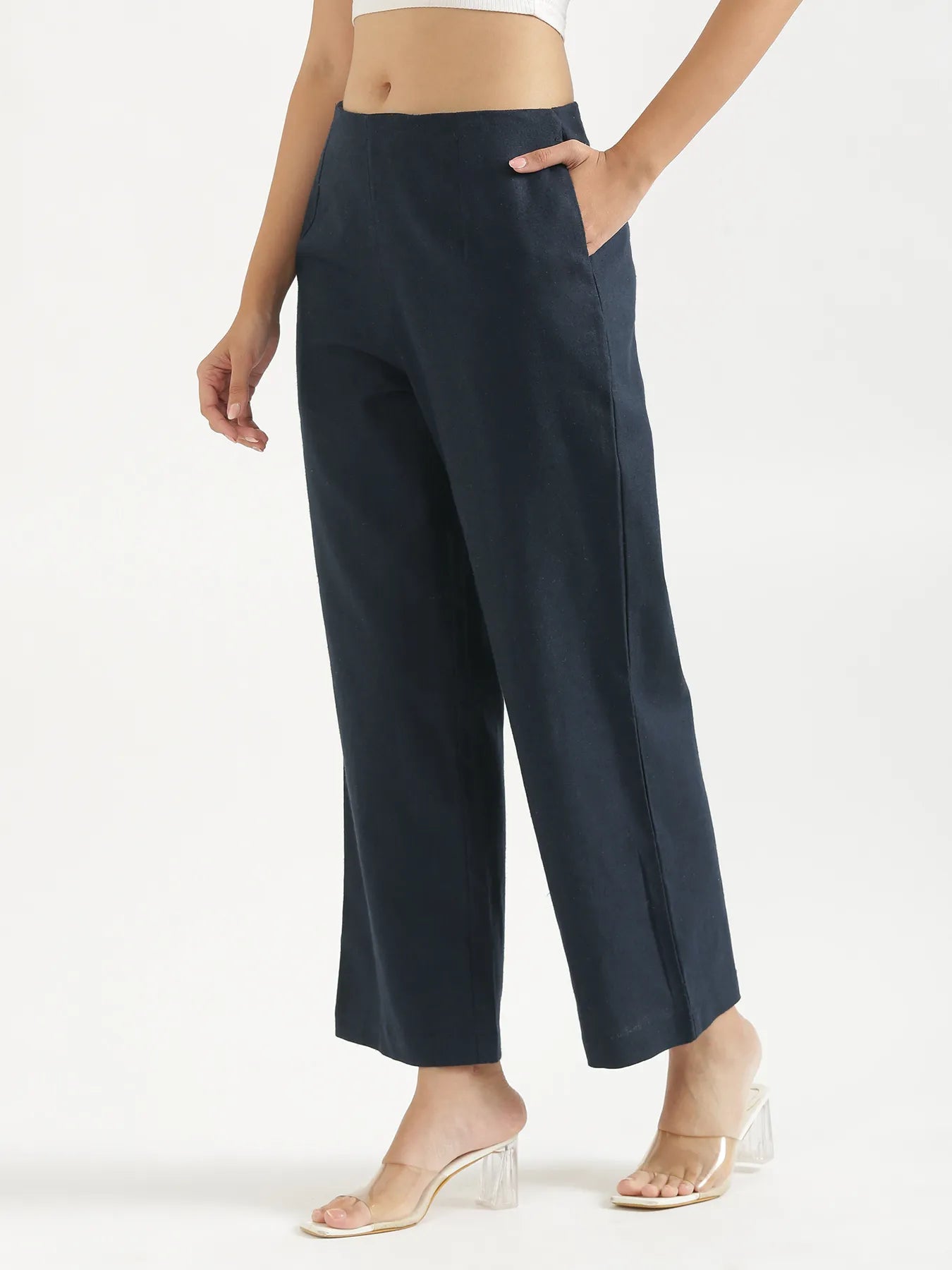 Women Navy Blue Linen Blend Wide Leg Pant