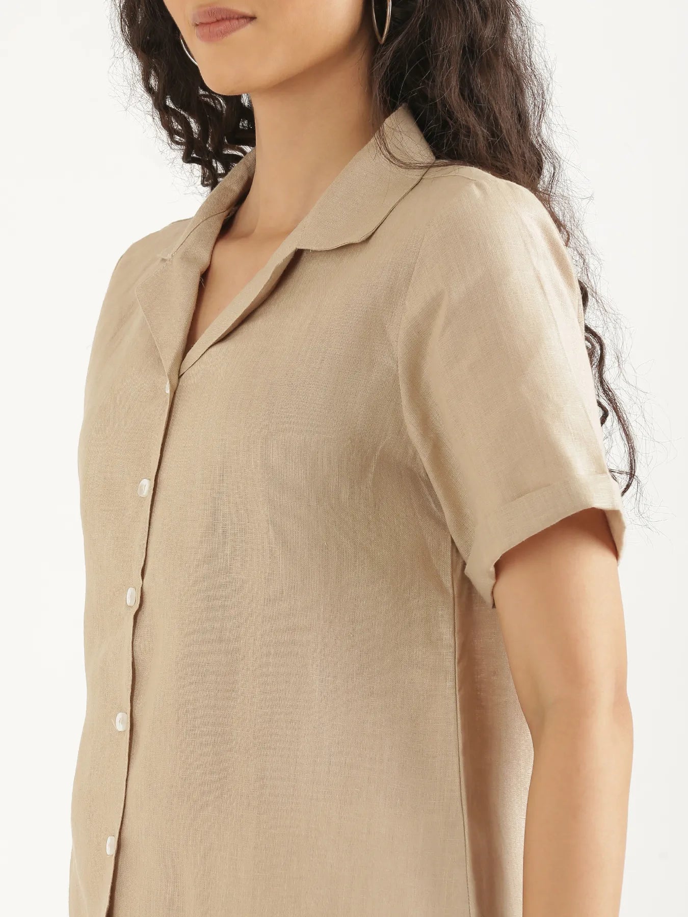 Women Taupe Pure Linen Notch Collar Shirt