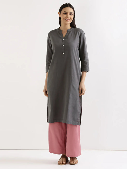 Women Slate Grey Airy Linen Long Kurta & Rose Viscose Palazzo Pant Set