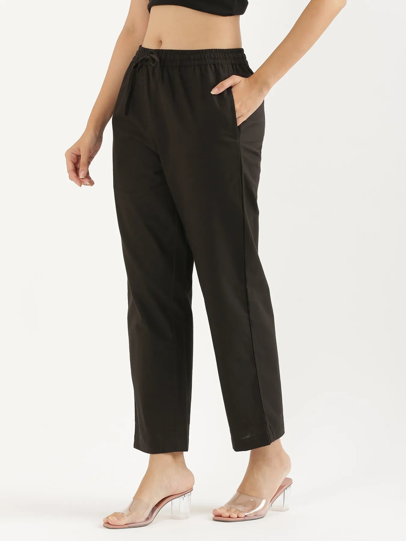 Women Black Cotton Straight Pant