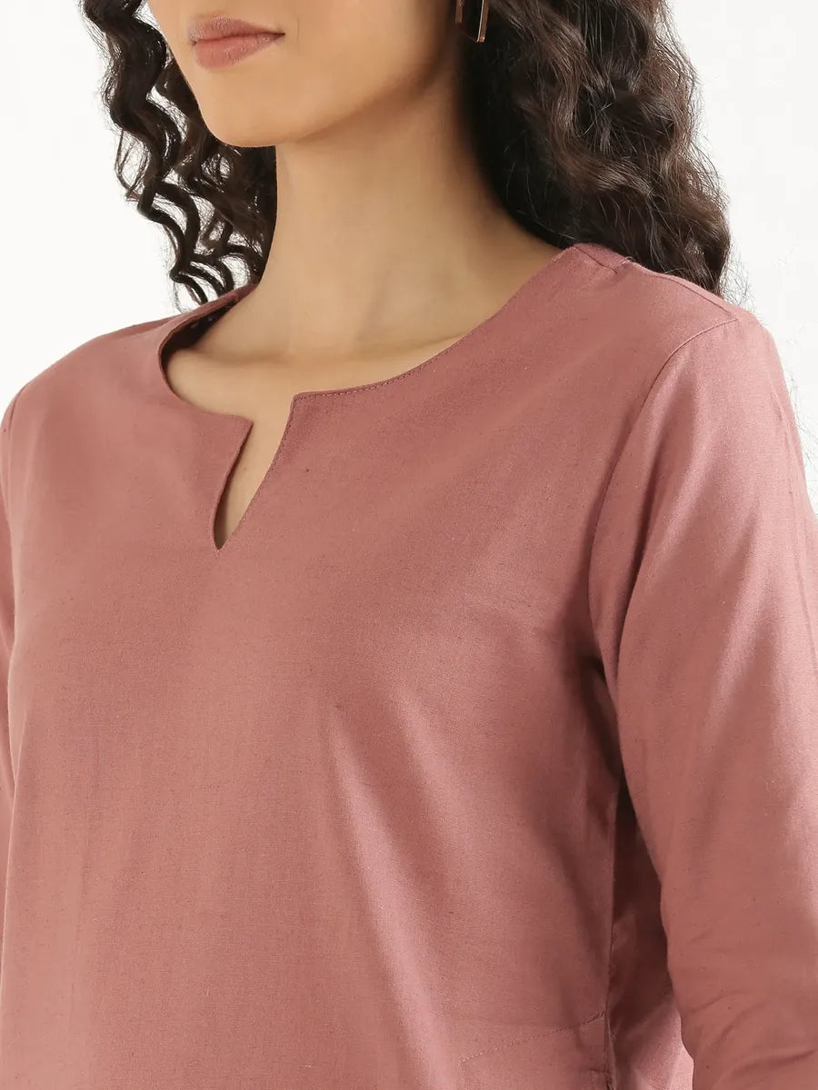 Women Rose Taupe Airy Linen Mid Thigh Length Kurta