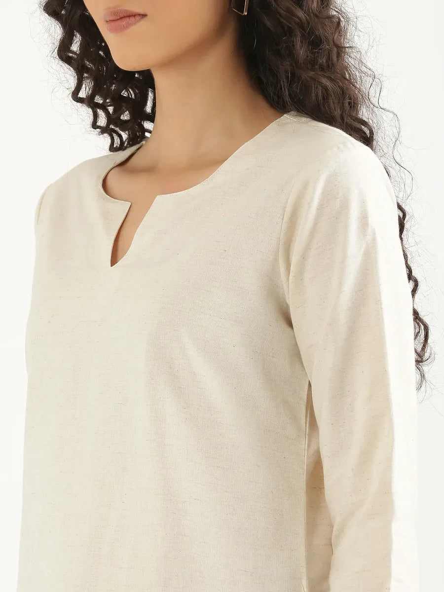 Women Ecru Airy Linen Split Neck Short Kurta