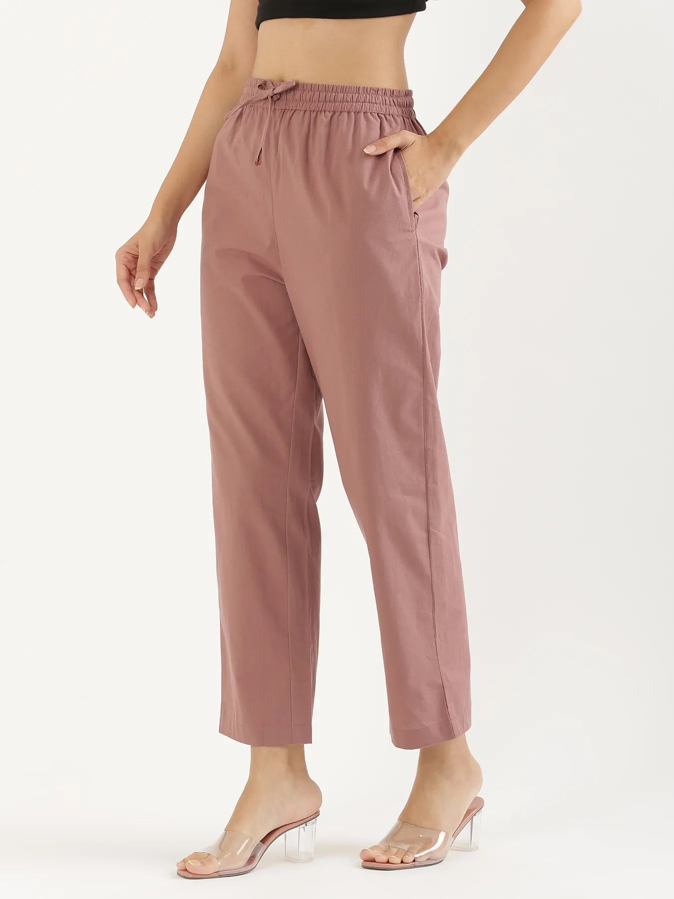Women Rose Taupe Cotton Straight Pant