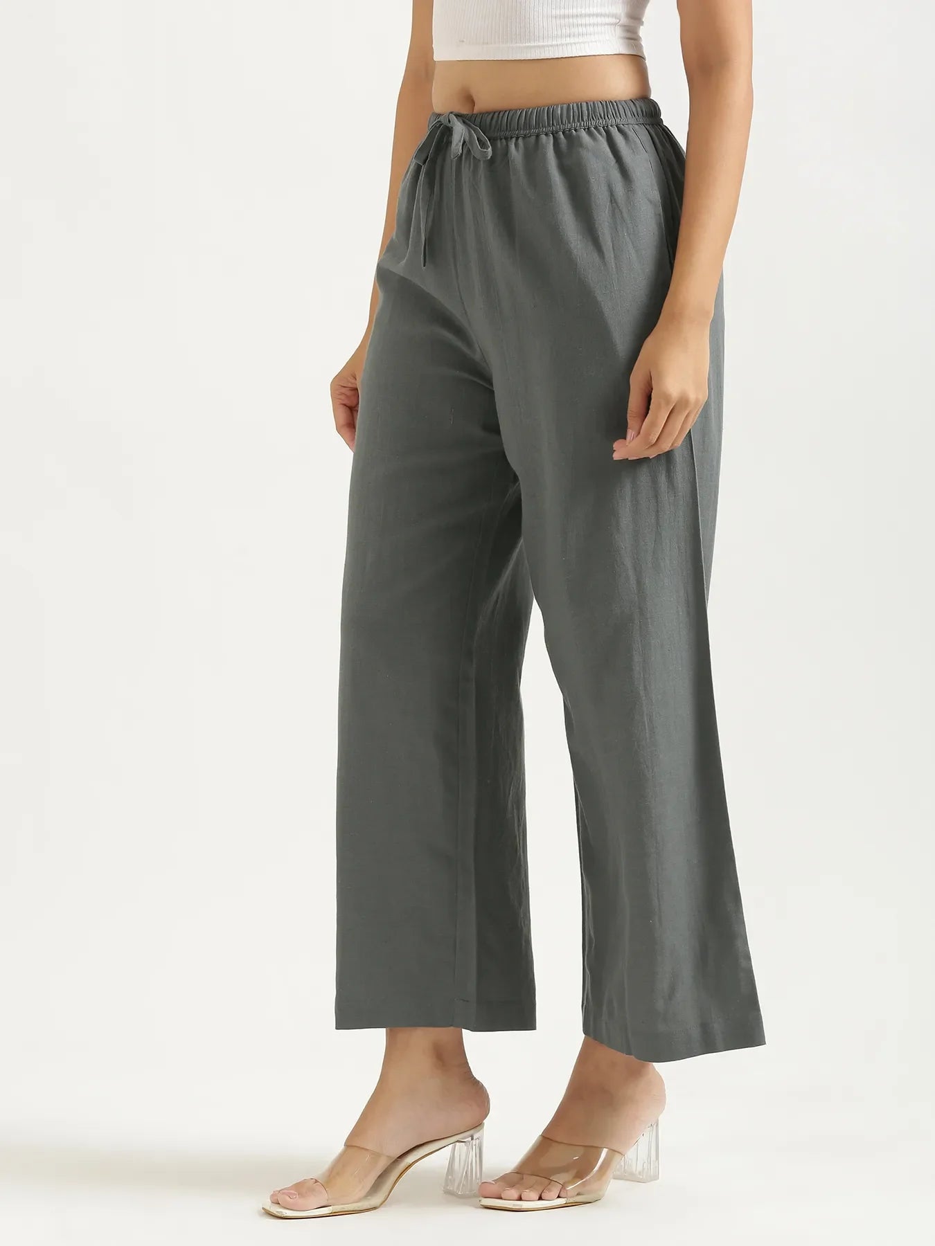 Women German Grey Flowy Linen Wide Leg Pants