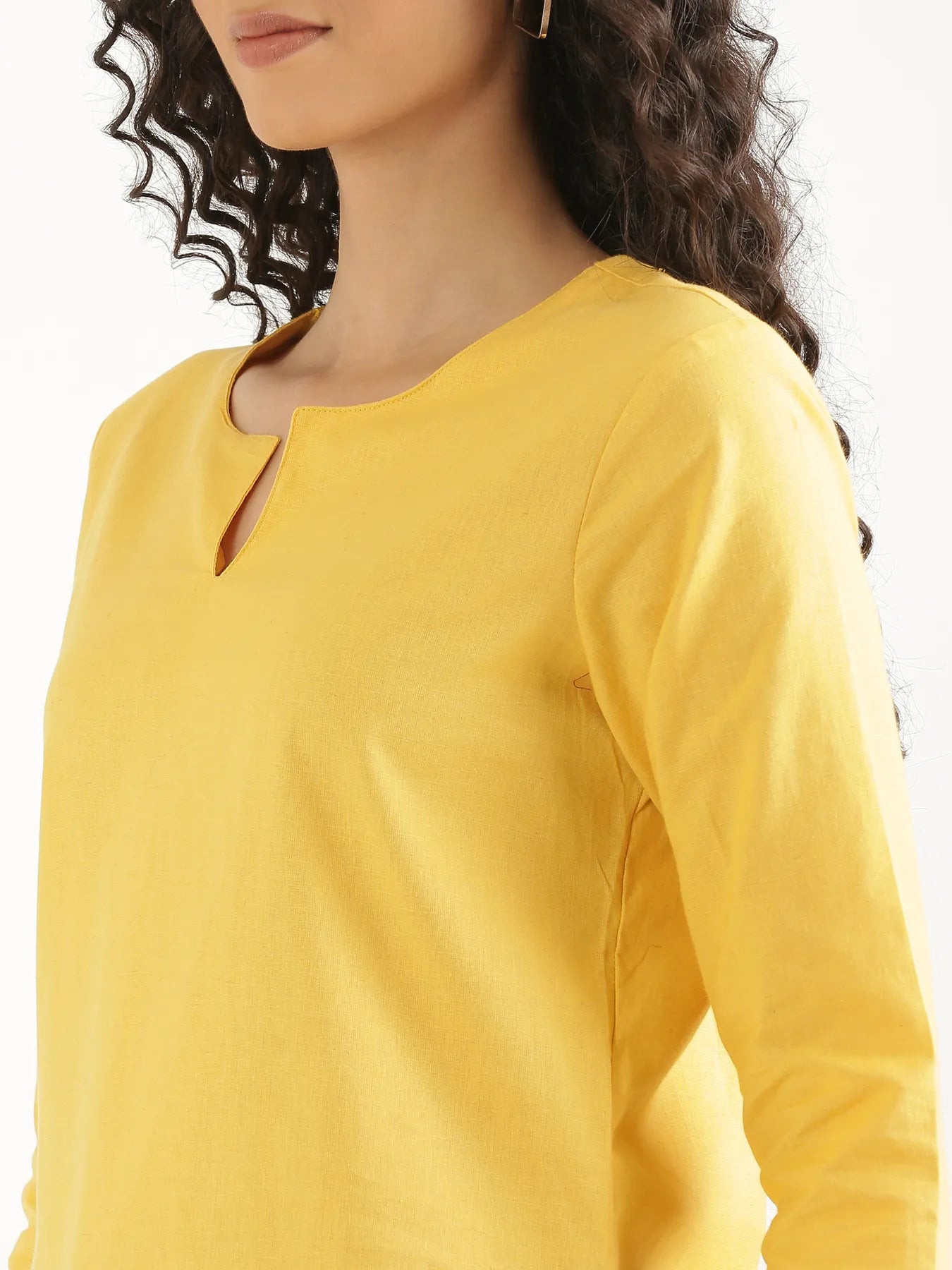 Women Yellow Airy Linen Split Neck Short Kurta