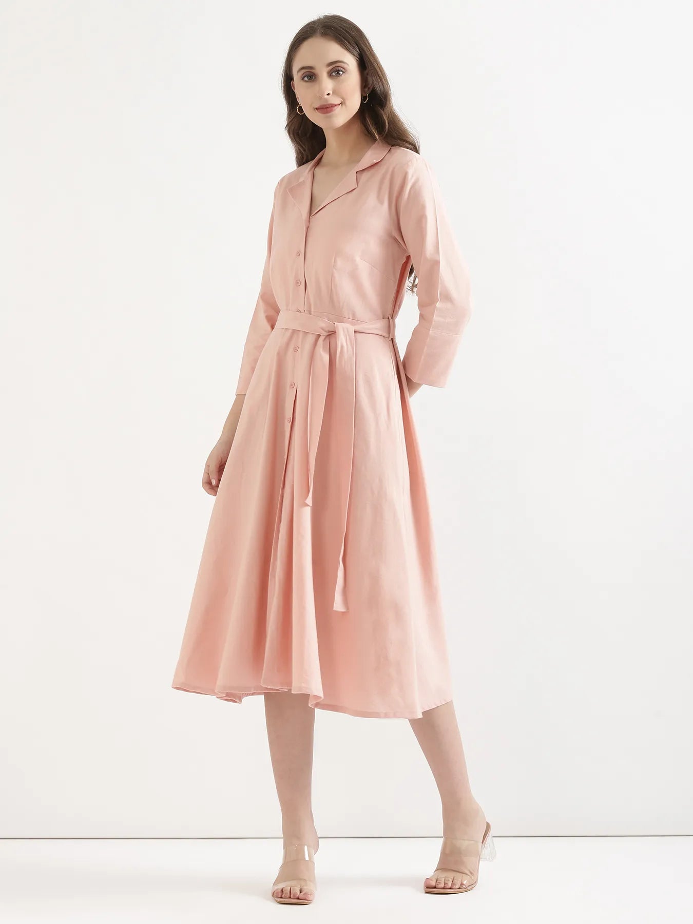 Women Salmon Pink Airy Linen Flared Dress