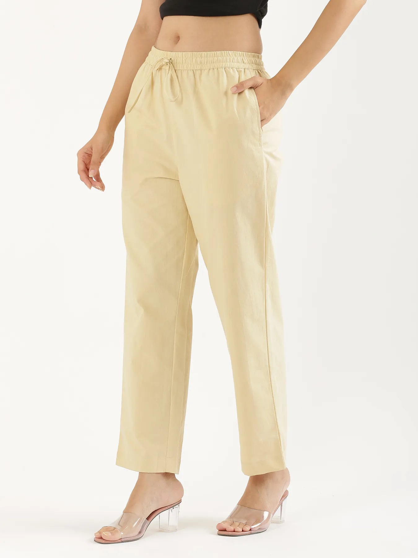 Women Beige Cotton Straight Pant