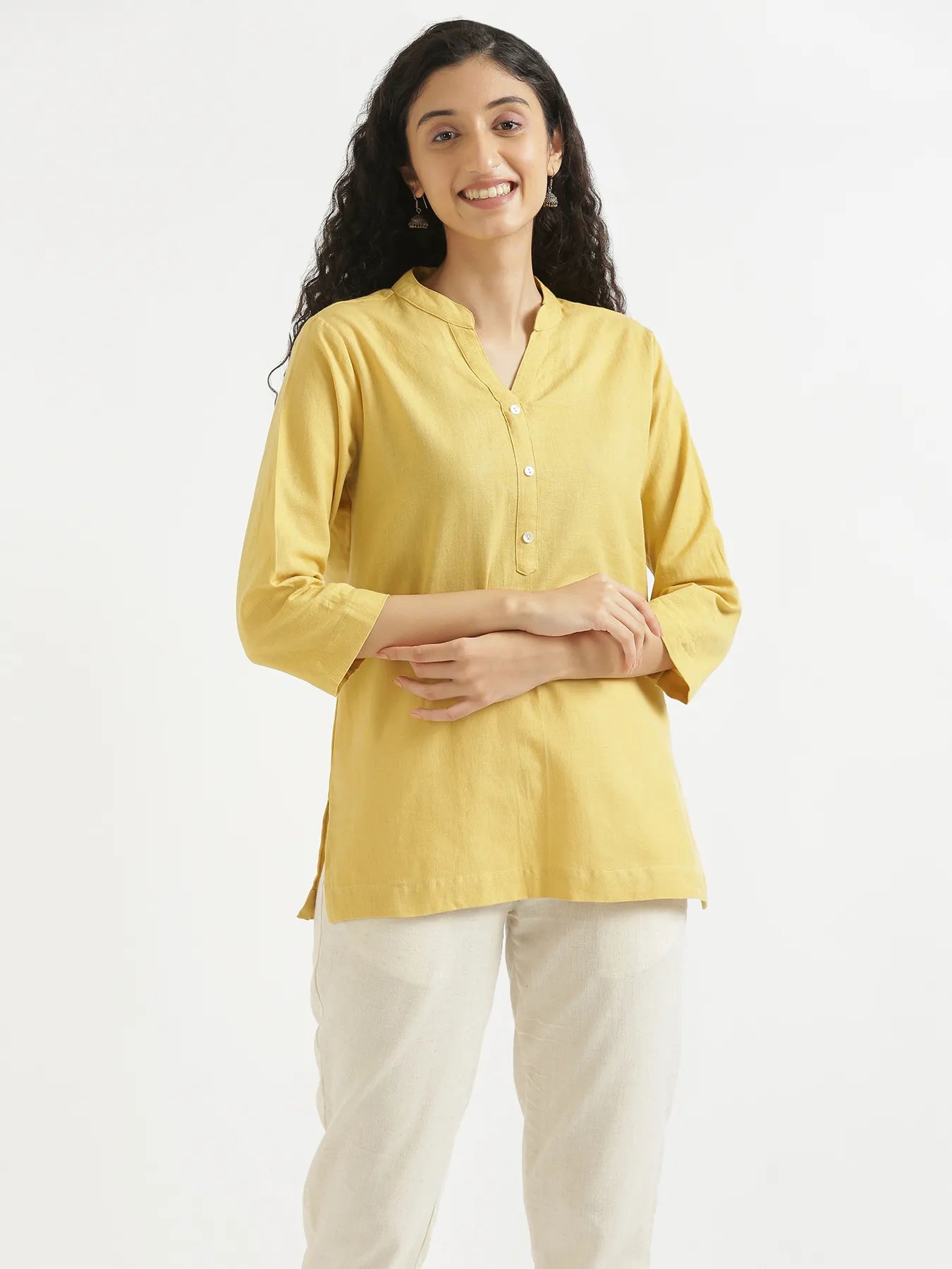 Women Yellow Airy Linen Short Kurta & Beige Cotton Pant Set