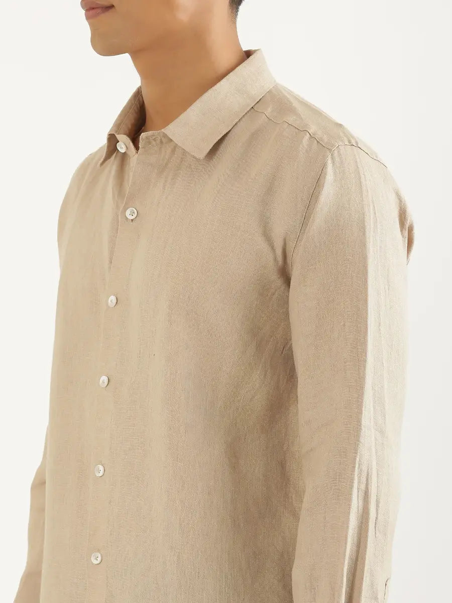 Men Taupe Pure Linen Full Sleeve Shirt