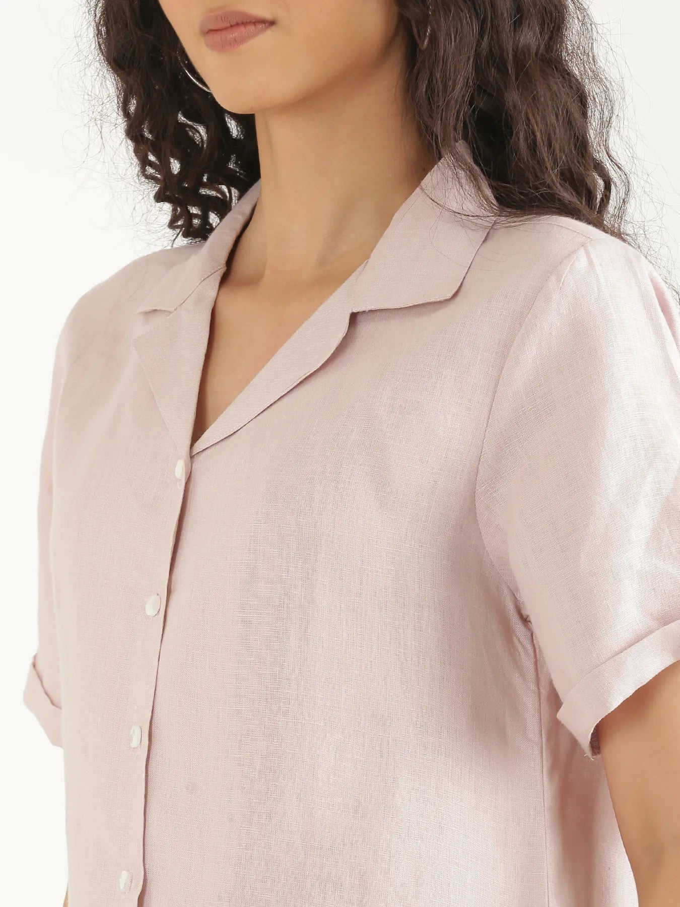 Women Light Pink Pure Linen Notch Collar Shirt