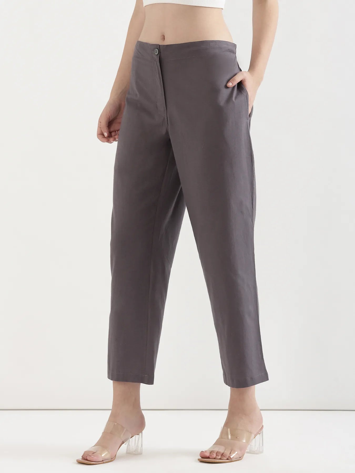 Women Slate Grey Airy Linen Straight Pant