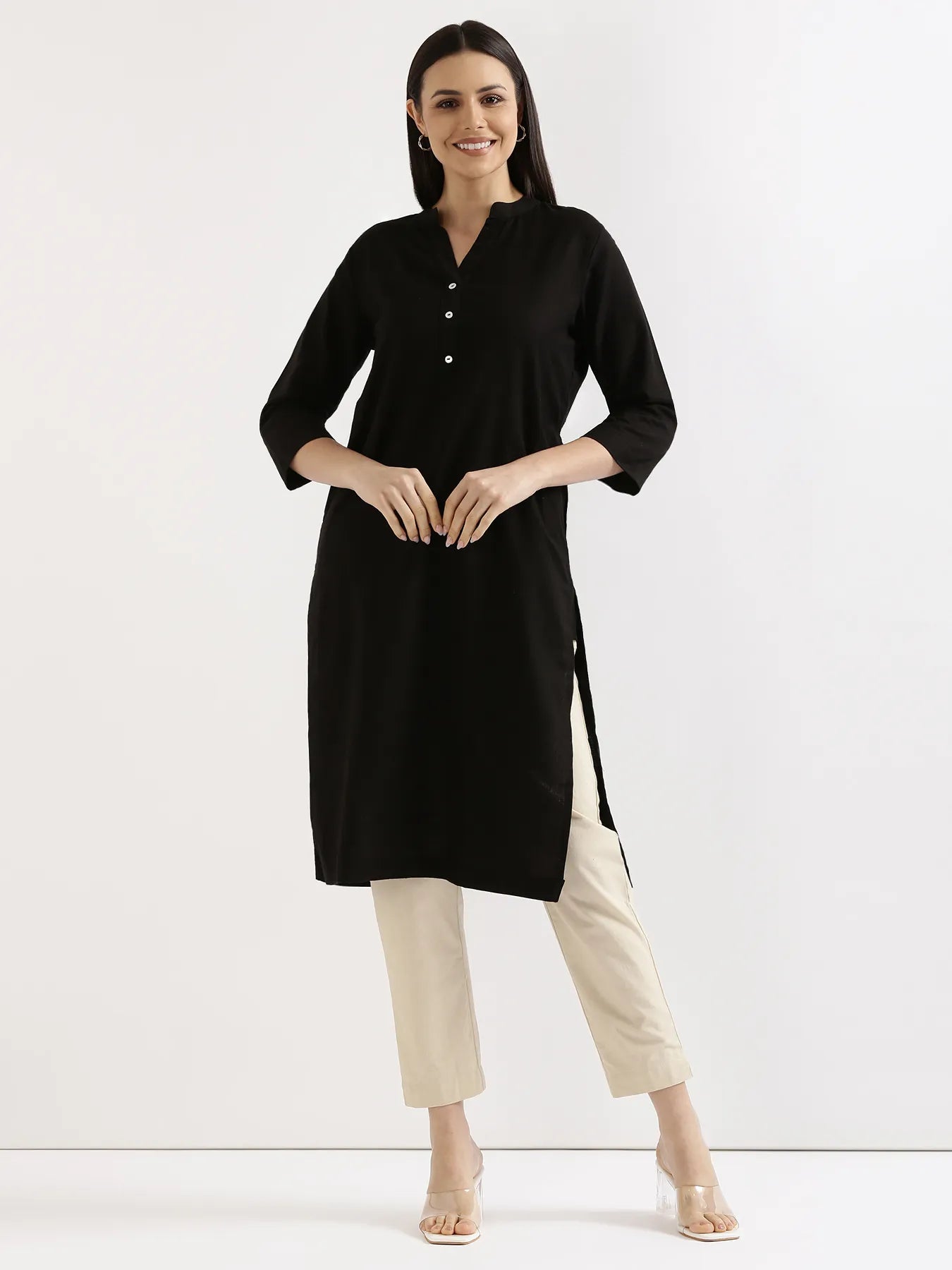 Women Black Airy Linen Long Kurta