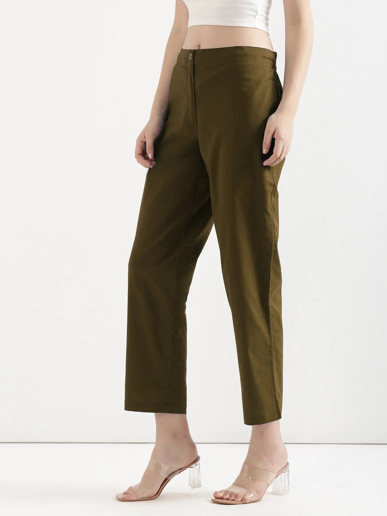Women Olive Green Airy Linen Straight Pant