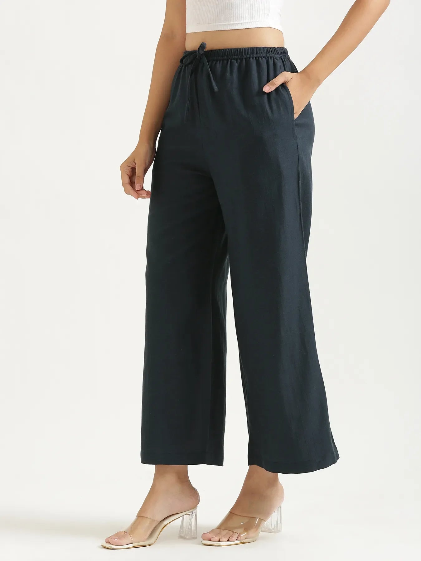 Women Navy Blue Flowy Linen Wide Leg Pants