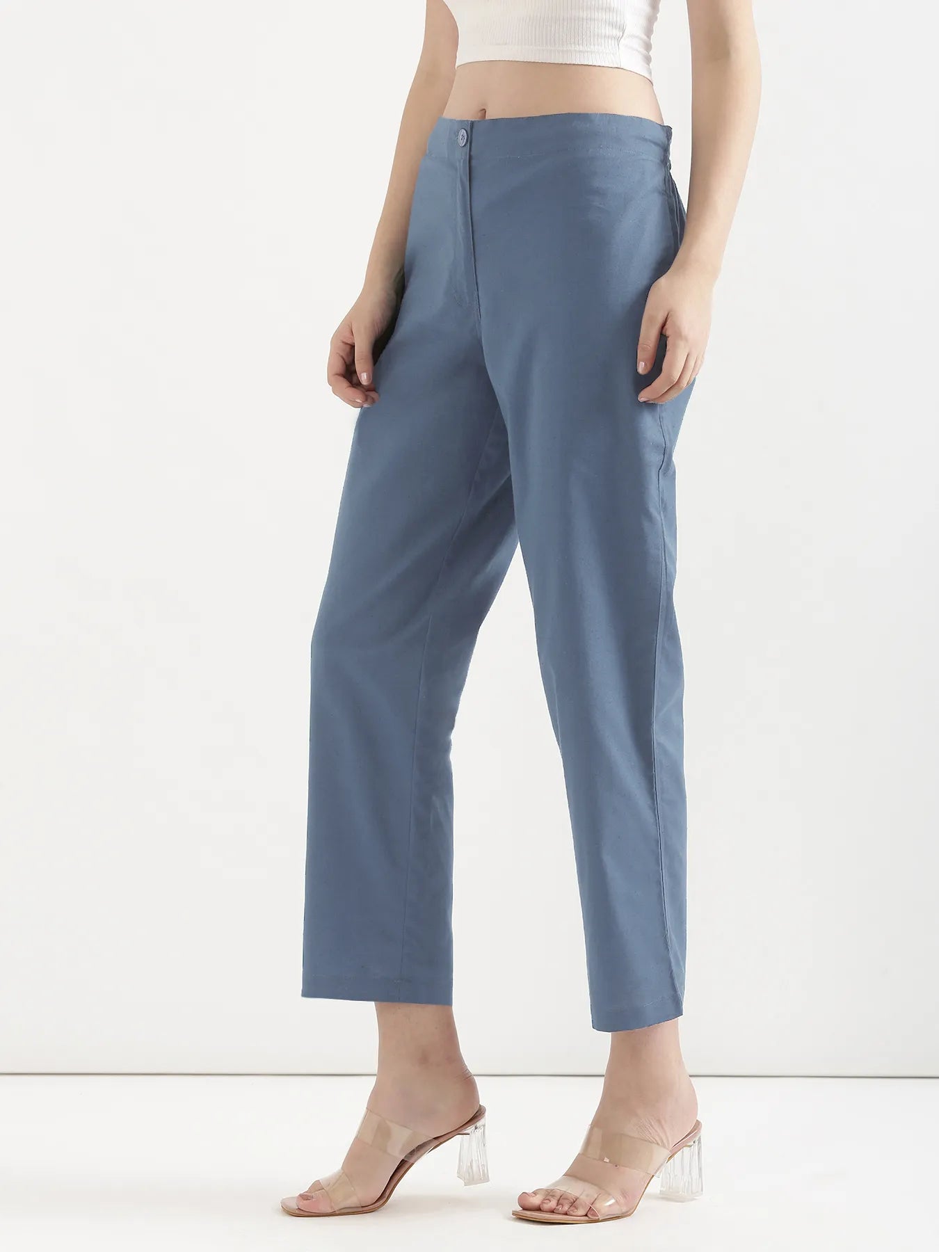Women English Blue Airy Linen Straight Pants