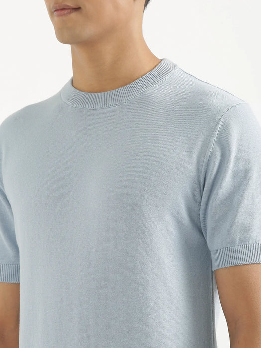 Men Light Blue Flat Knit Round Neck T-shirt