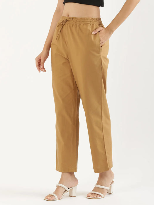 Women Coffee Brown Cotton Straight Pant