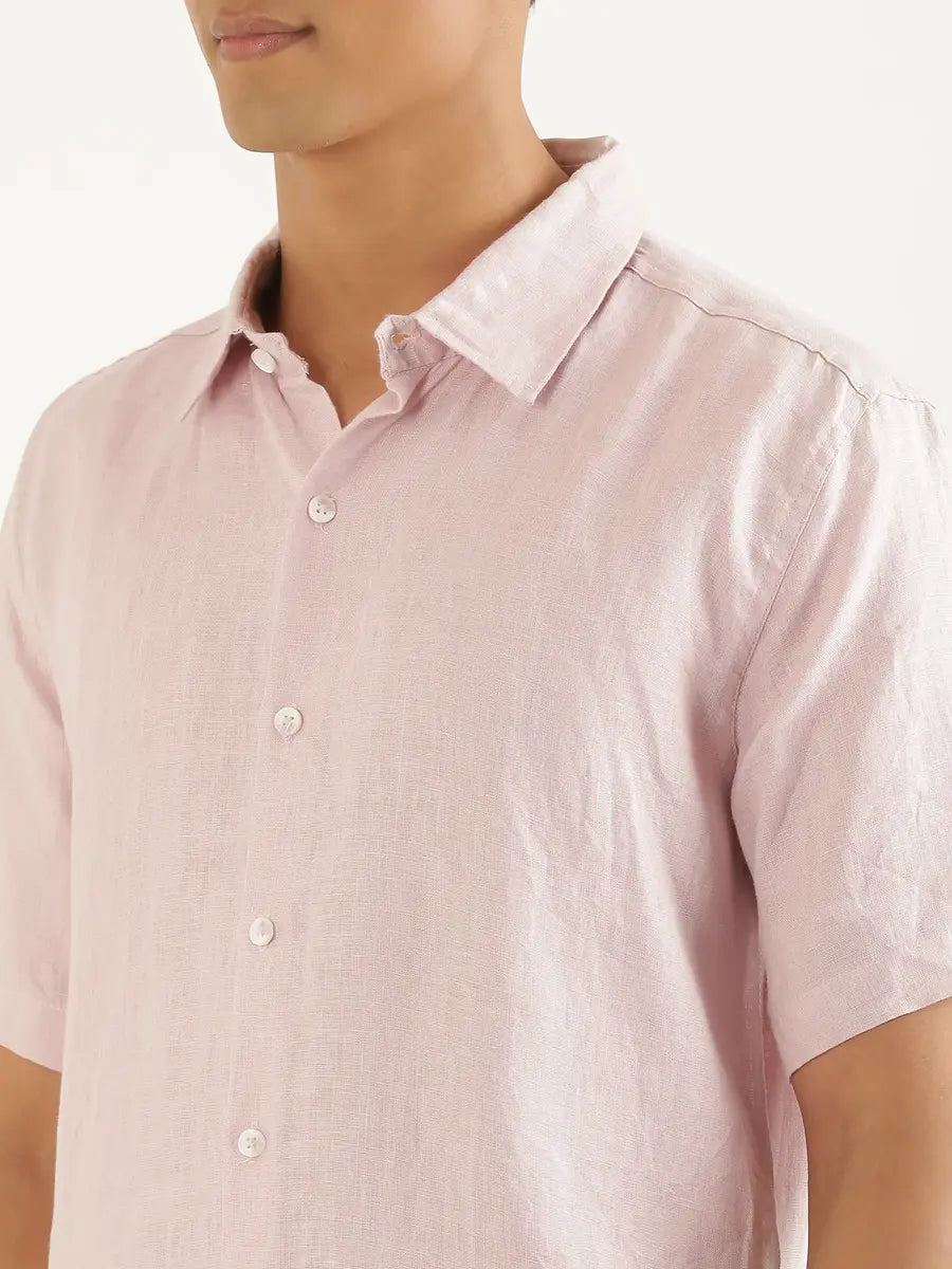 Men White Linen Blend Pant & Light Pink Pure Linen Short Sleeve Shirt