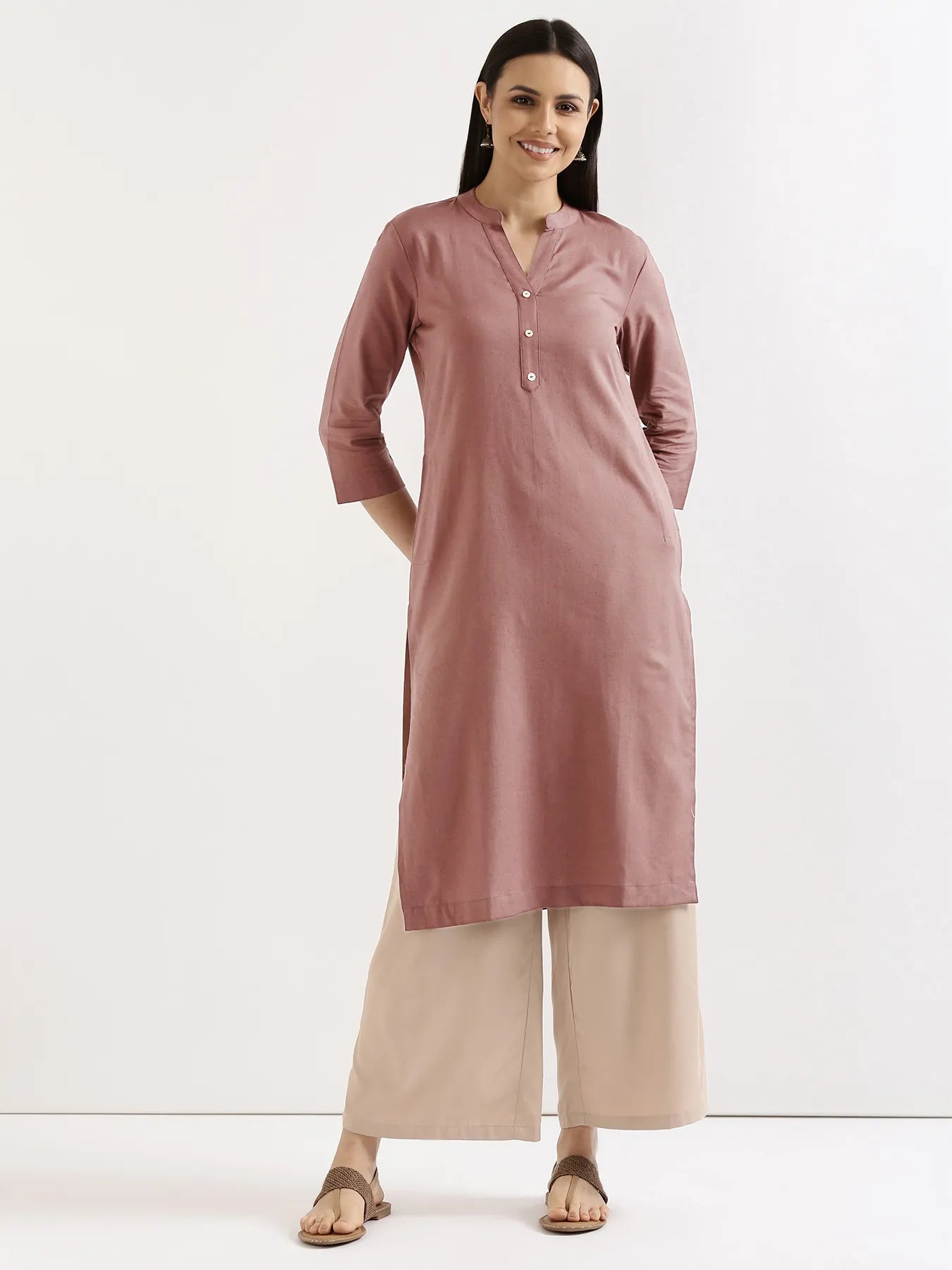 Women Rose Taupe Airy Linen Long Kurta & Beige Viscose Palazzo Pant Set