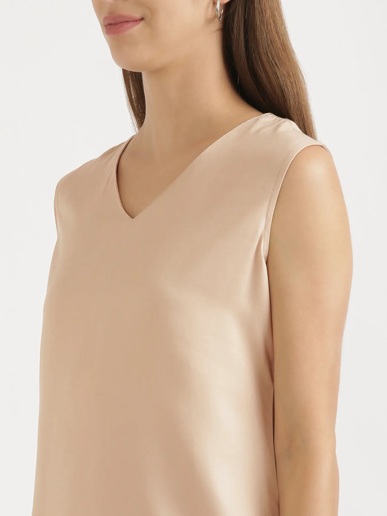 Women Beige V-Neck Sleeveless Top