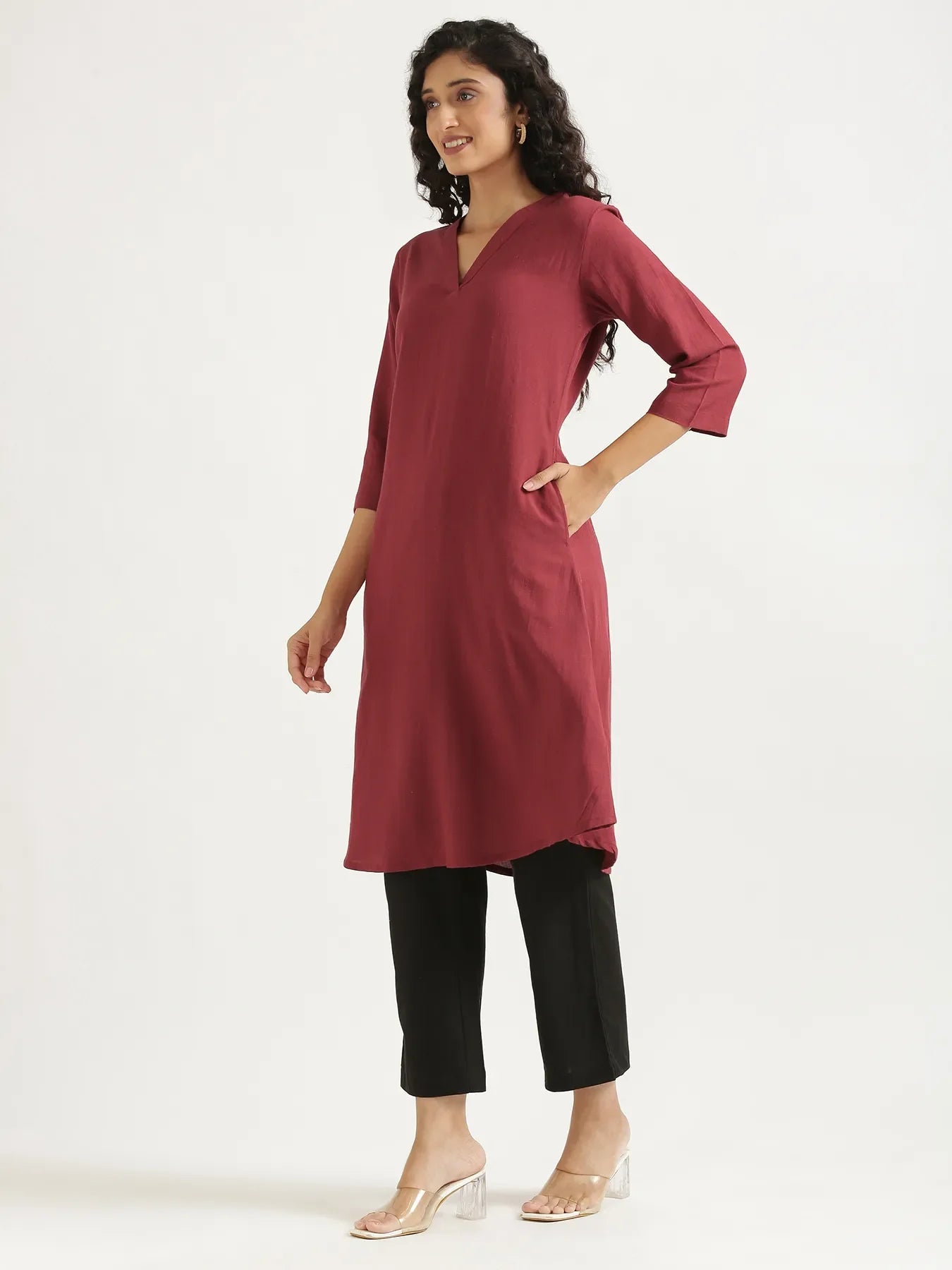 Women Maroon Flowy Linen A-Line Long Kurta