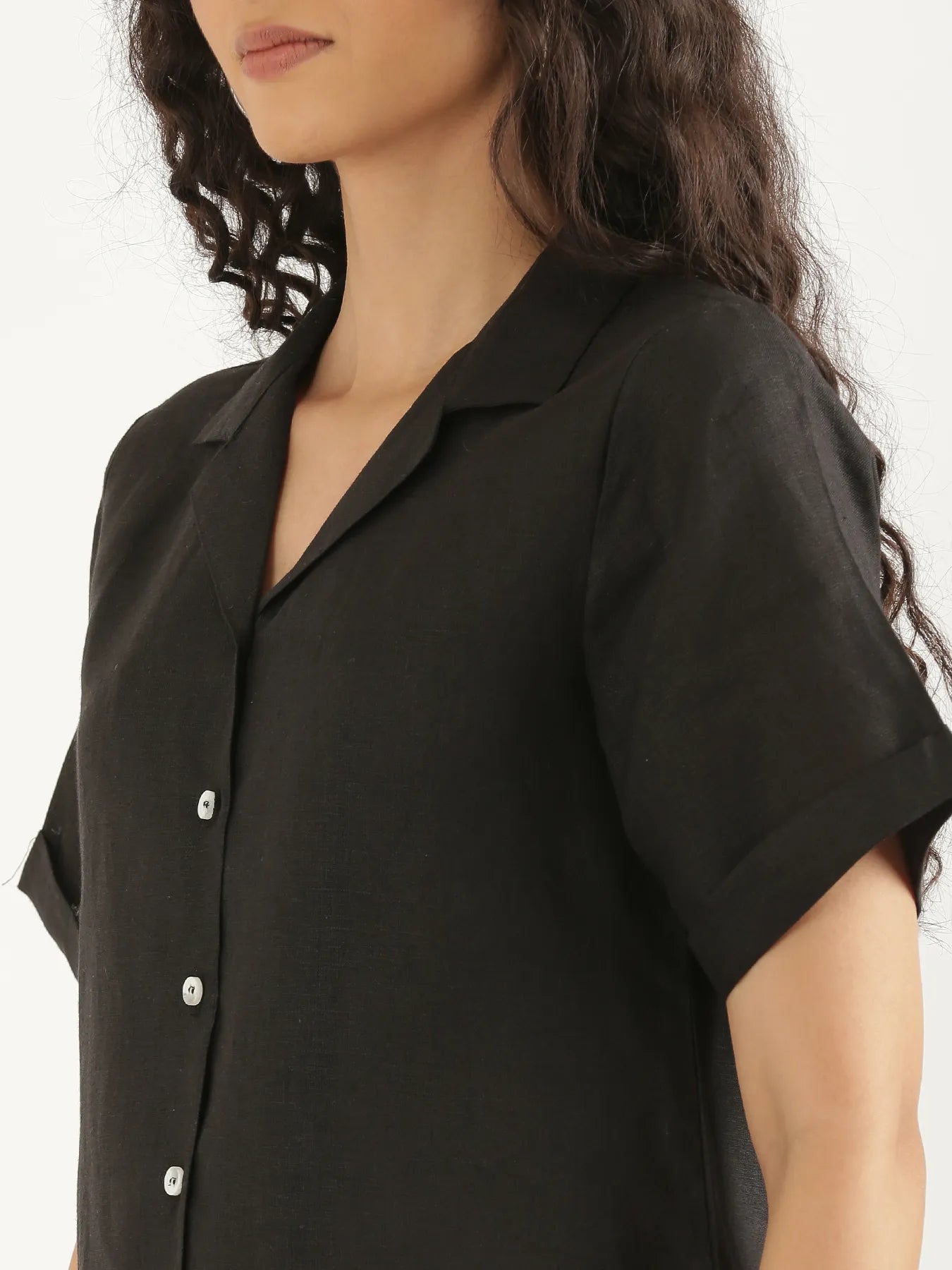 Women Black Pure Linen Notch Collar Shirt