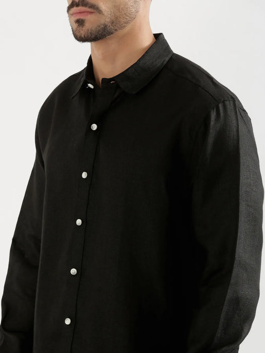 Men Black 100% Full Sleeve Linen Shirt