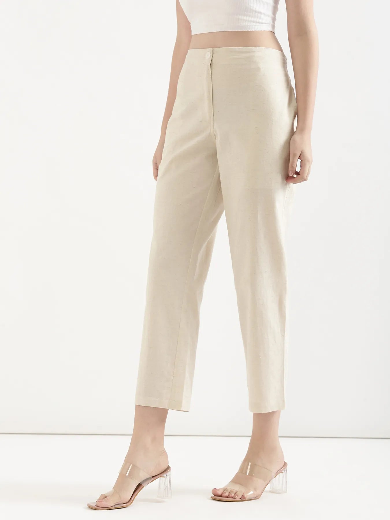 Women Dark Grey Better Cotton Sleeveless Shirt & Ecru Airy Linen Straight Pant