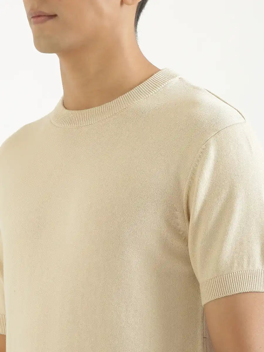 Men Beige Flat Knit Round Neck T-shirt