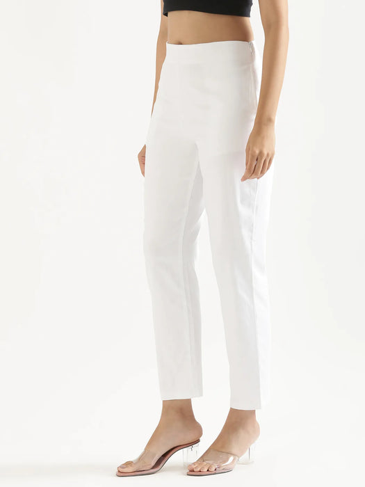 Women Olive Green & White Straight Fit Formal Pants