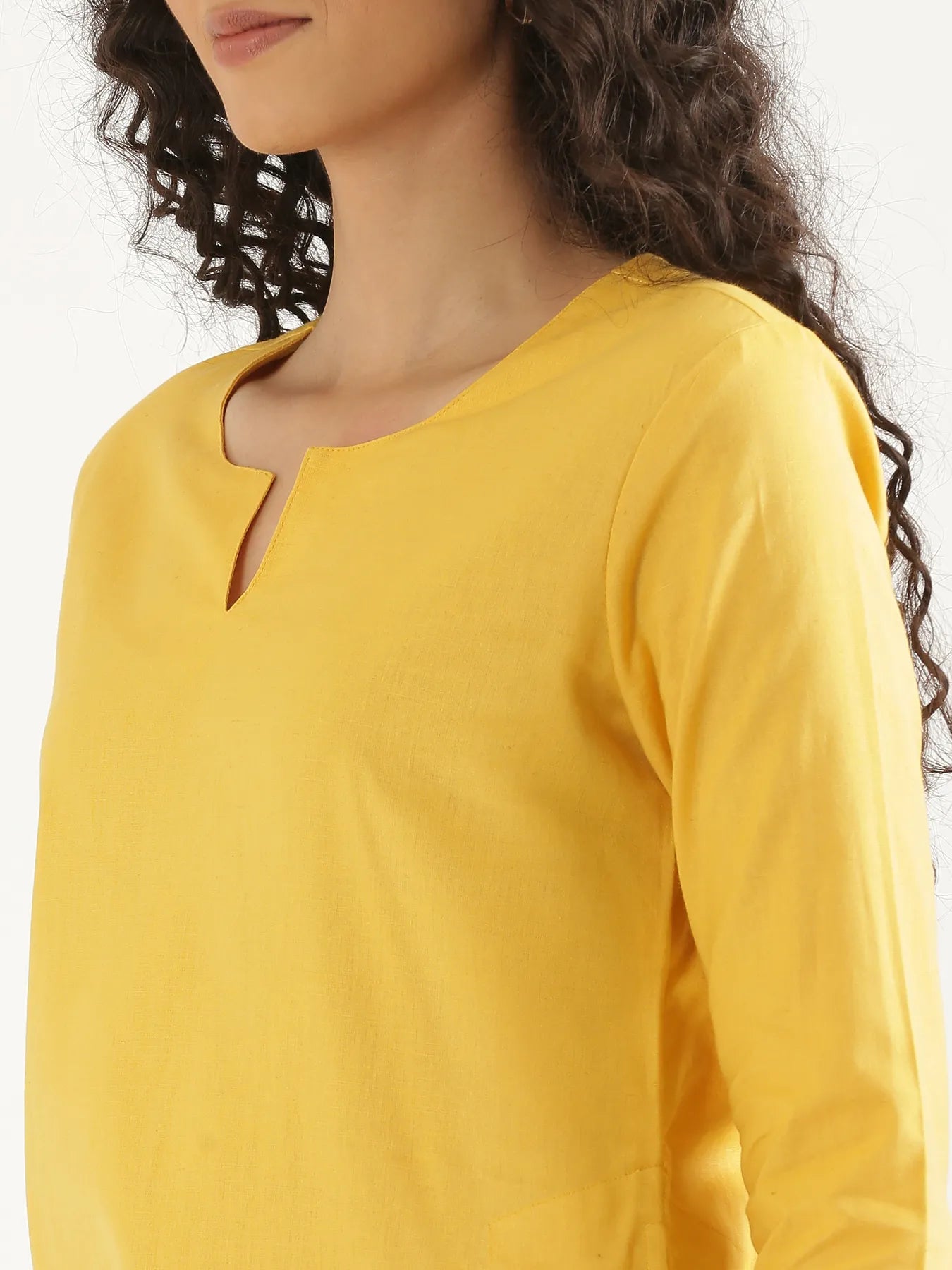 Women Yellow Airy Linen Mid Thigh Length Kurta