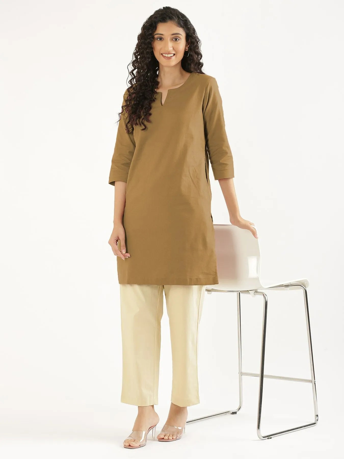 Women Coffee Brown Airy Linen Mid Thigh Length Kurta