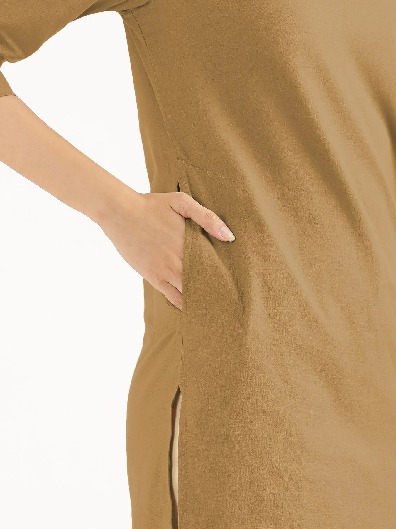 Women Coffee Brown Airy Linen Mid Thigh Length Kurta