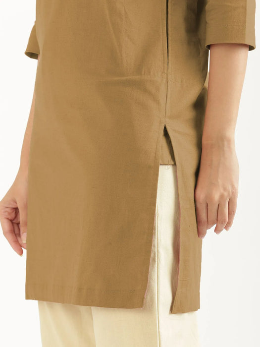Women Coffee Brown Airy Linen Mid Thigh Length Kurta