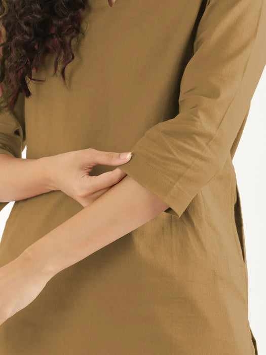 Women Coffee Brown Airy Linen Mid Thigh Length Kurta