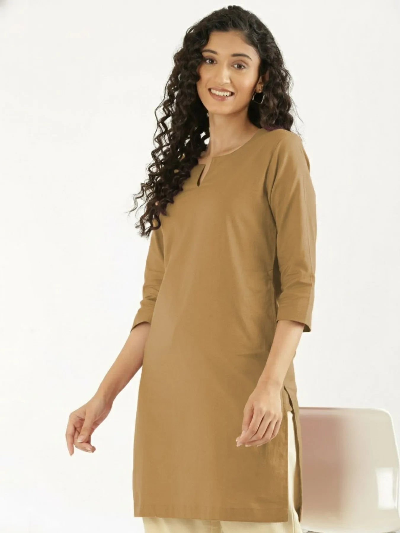 Women Coffee Brown Airy Linen Mid Thigh Length Kurta
