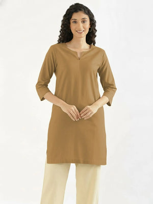 Women Coffee Brown Airy Linen Mid Thigh Length Kurta