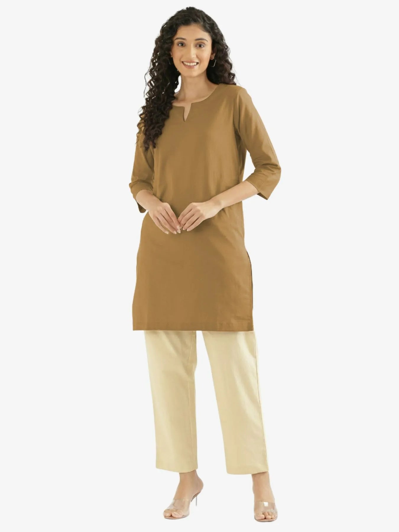 Women Coffee Brown Airy Linen Mid Thigh Length Kurta