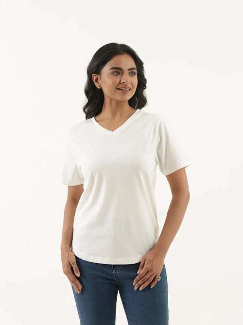 Women Off White V-neck T-shirt