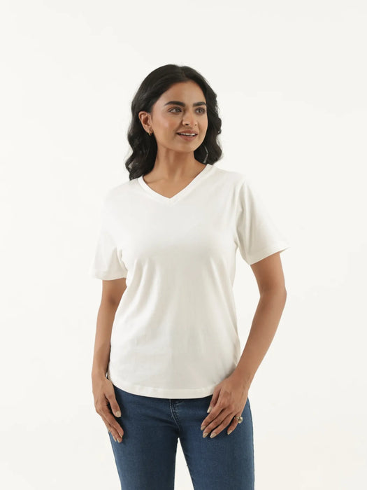 Women Off White V-neck T-shirt
