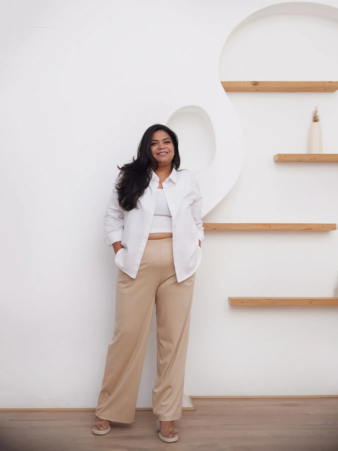 Women Plus Size Beige Wide Leg Pants