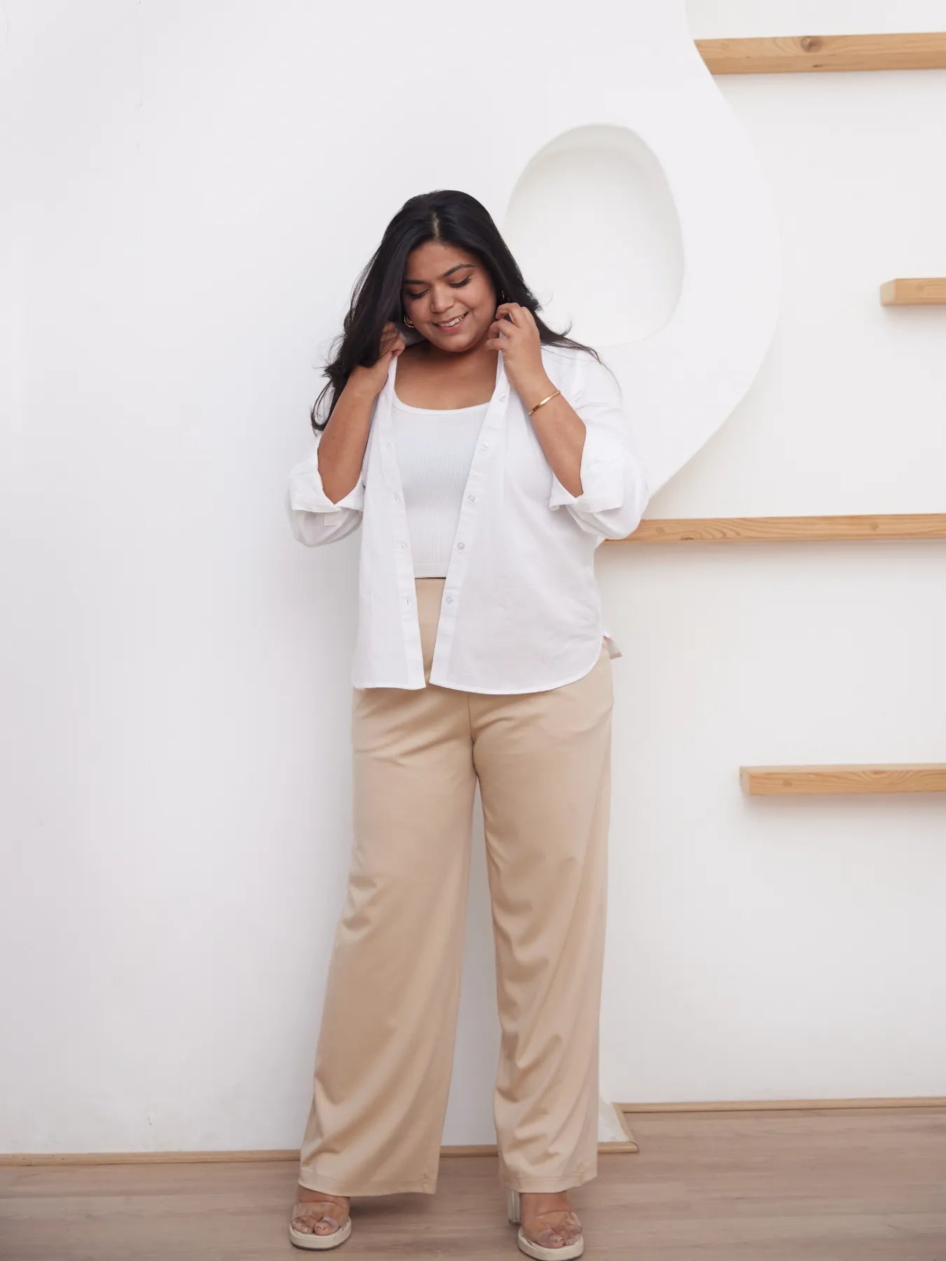 Women Plus Size Beige Wide Leg Pants